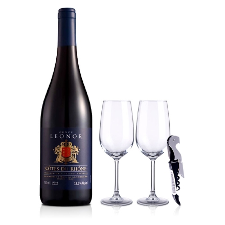 法国原瓶进口雷奥诺干红葡萄酒750ml+两只红酒杯+酒刀