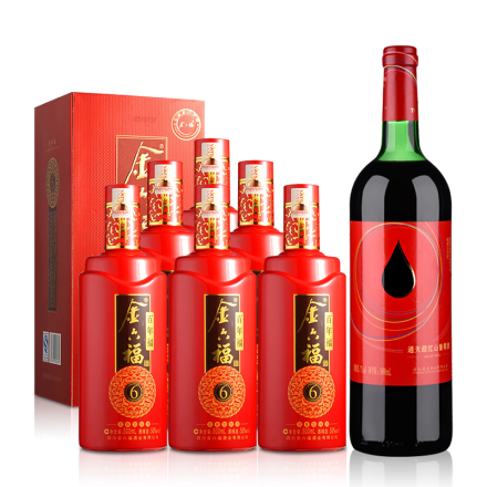 50°金六福百年福（6） 500ml（6瓶装）+中国通天红色时代甜红山葡萄酒1000ml