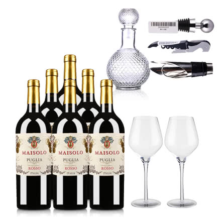 意大利圣霞多·麦索罗干红葡萄酒750ml （普利亚地理标志保护葡萄酒）*6瓶+精美酒具6件套
