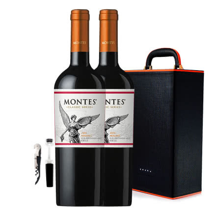 智利进口蒙特斯欧法玛尔贝干红葡萄酒750ml*2 +双支装皮盒