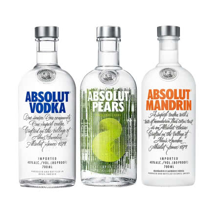 瑞典进口 绝对伏特加（Absolut Vodka）三支装（原味、苹果梨味、柑橘味）